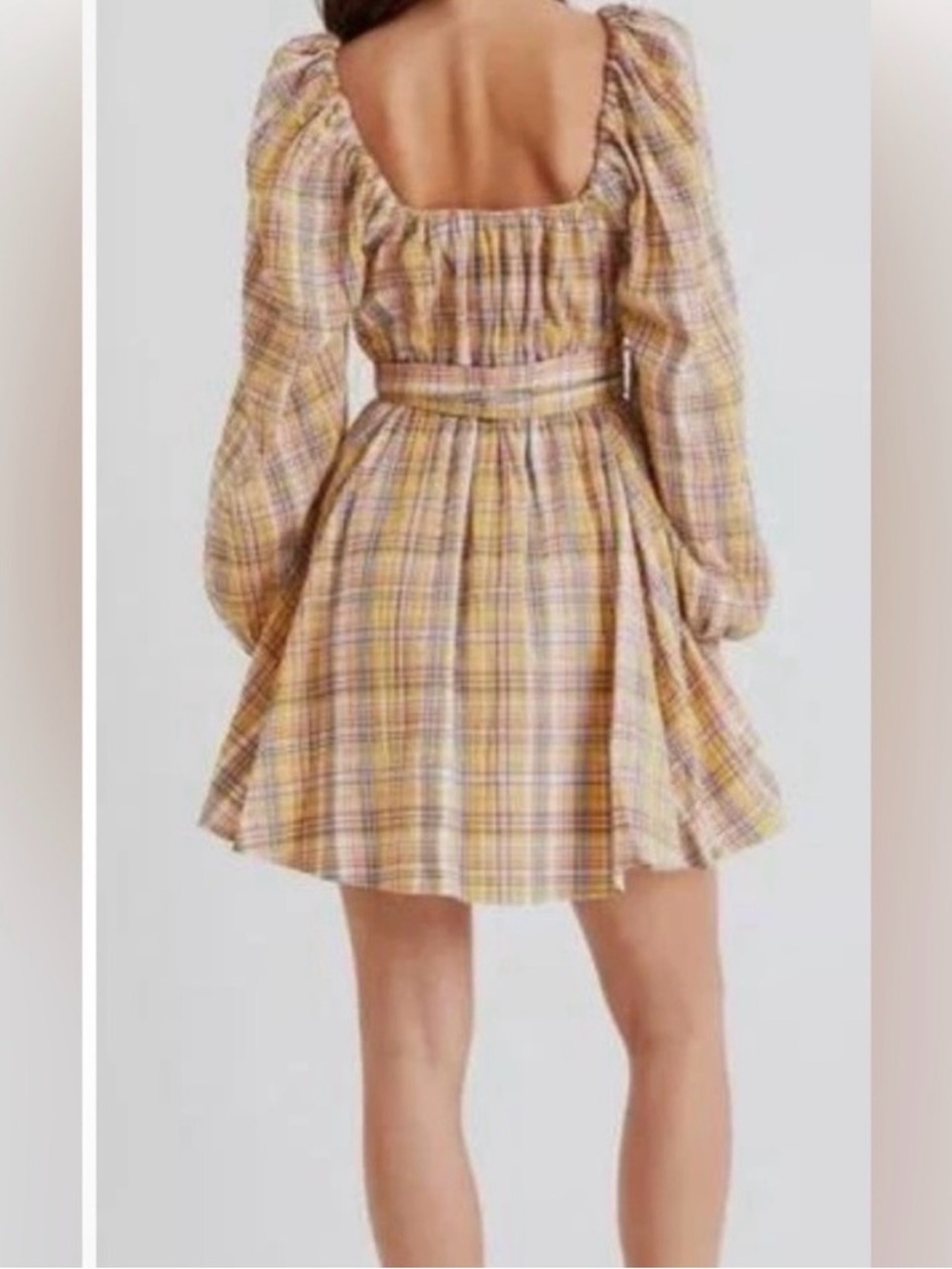 NWT Tanya Taylor Xena Yellow Plaid Puff-Sleeve Mini Dress - Picture 2 of 5